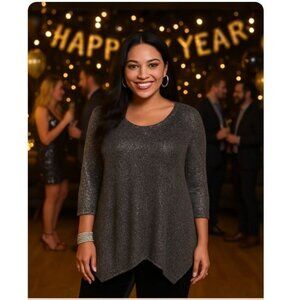 Lauren Michelle Woman Metallic Silver Black Open-Knit Asymmetrical Hem Top 3X